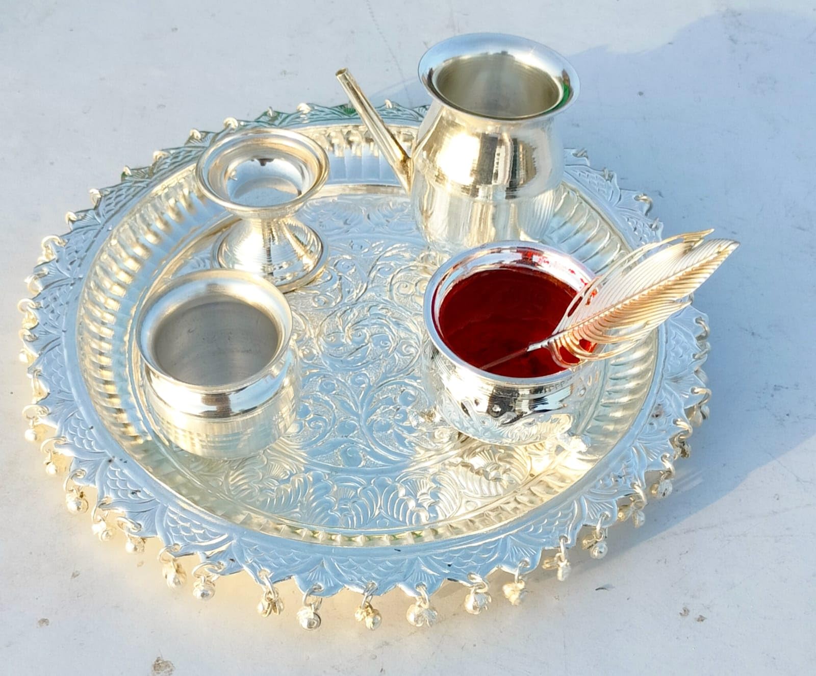 German Silver Pooja thali Set Combo of 6 Pieces Set for Diwali